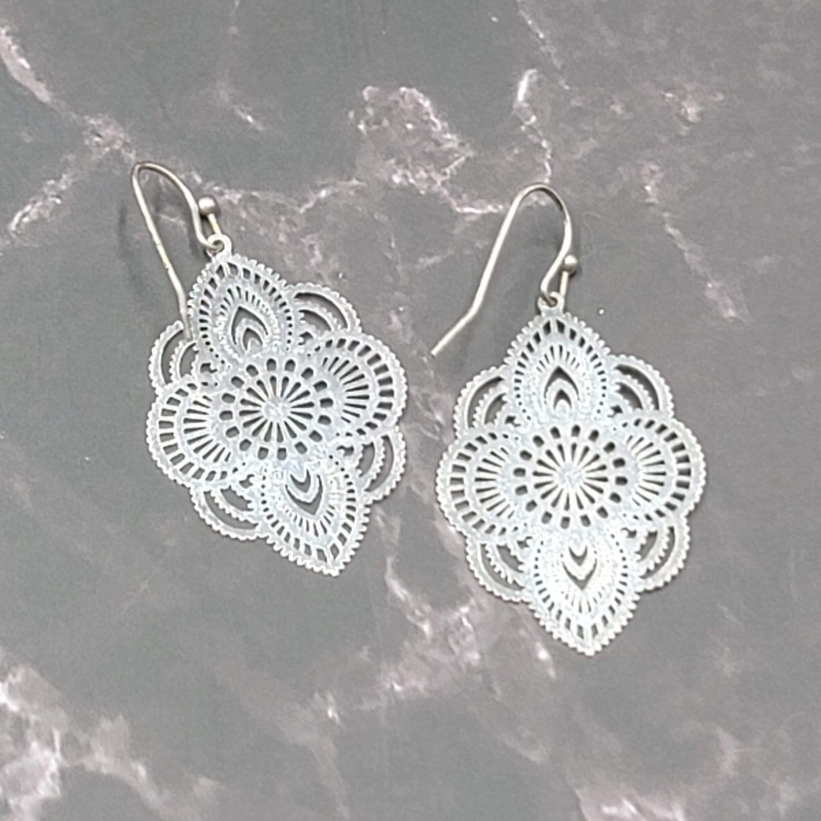 Laser Cut Metal Pierced Earrings Silver tone Dangle  1 3/8 in