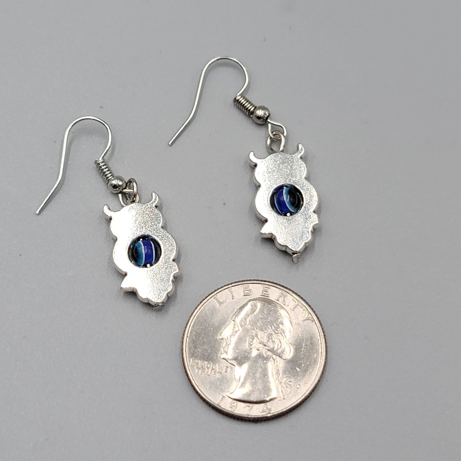 Owl Evil Eye Pierced Earrings Silver tone Blue Bead Dangle 1"