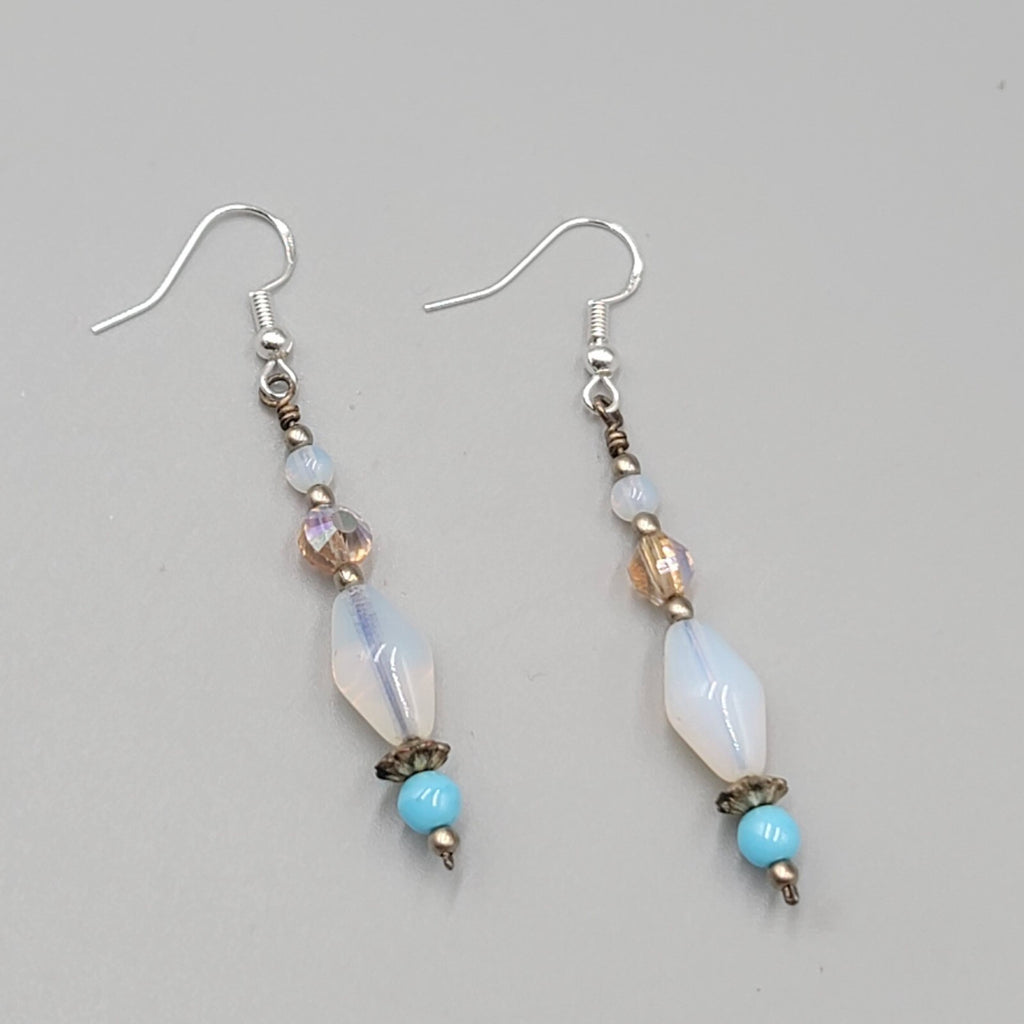 Sterling Silver Pierced Earrings Blue Iridescent Bead Dangle 1.75"