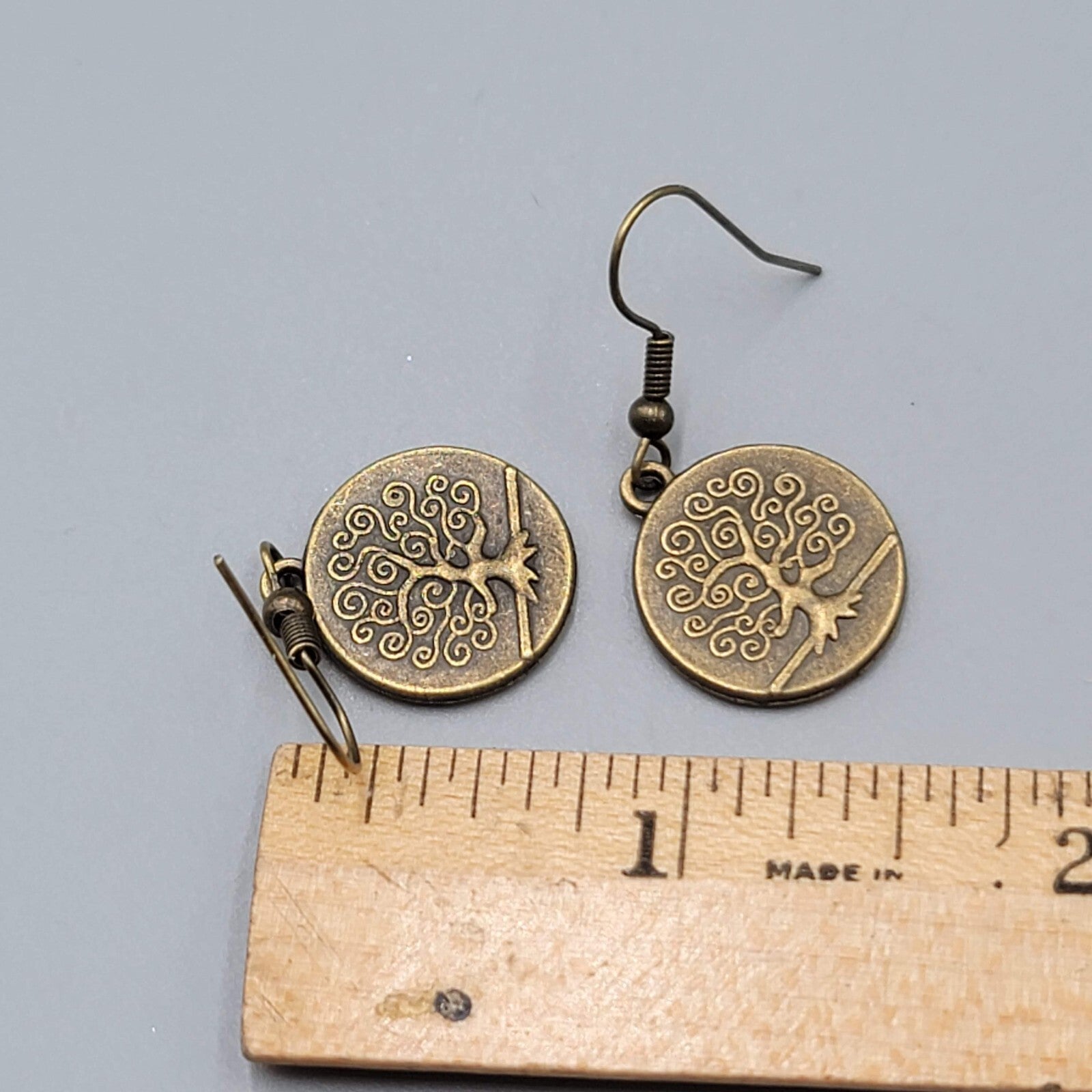 Round Tree Pierced Earrings Bronze tone Embossed Dangle 5/8"