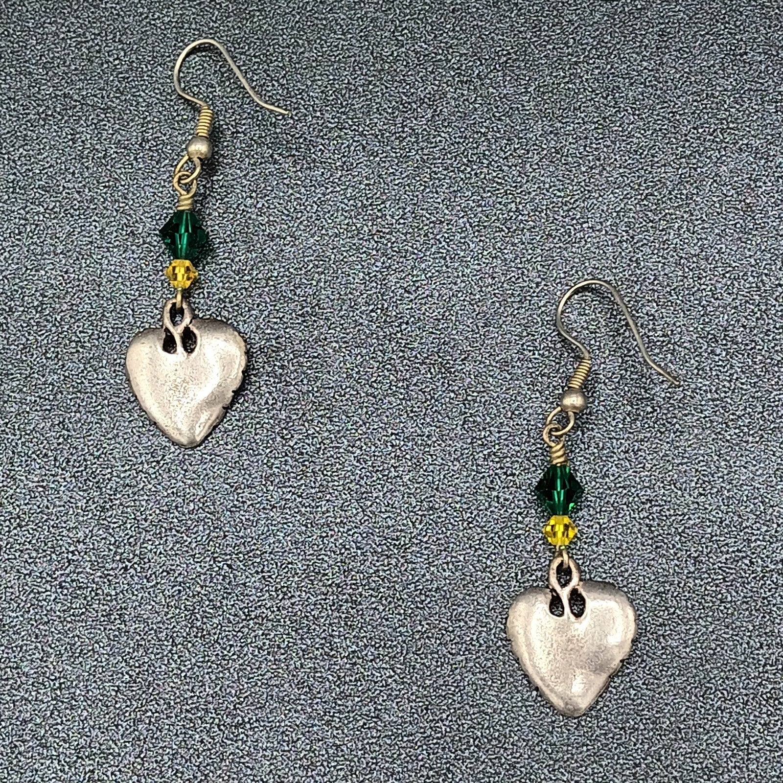 Pierced Earrings Silver tone Leaf Green Yellow Bead Dangle 1.25"