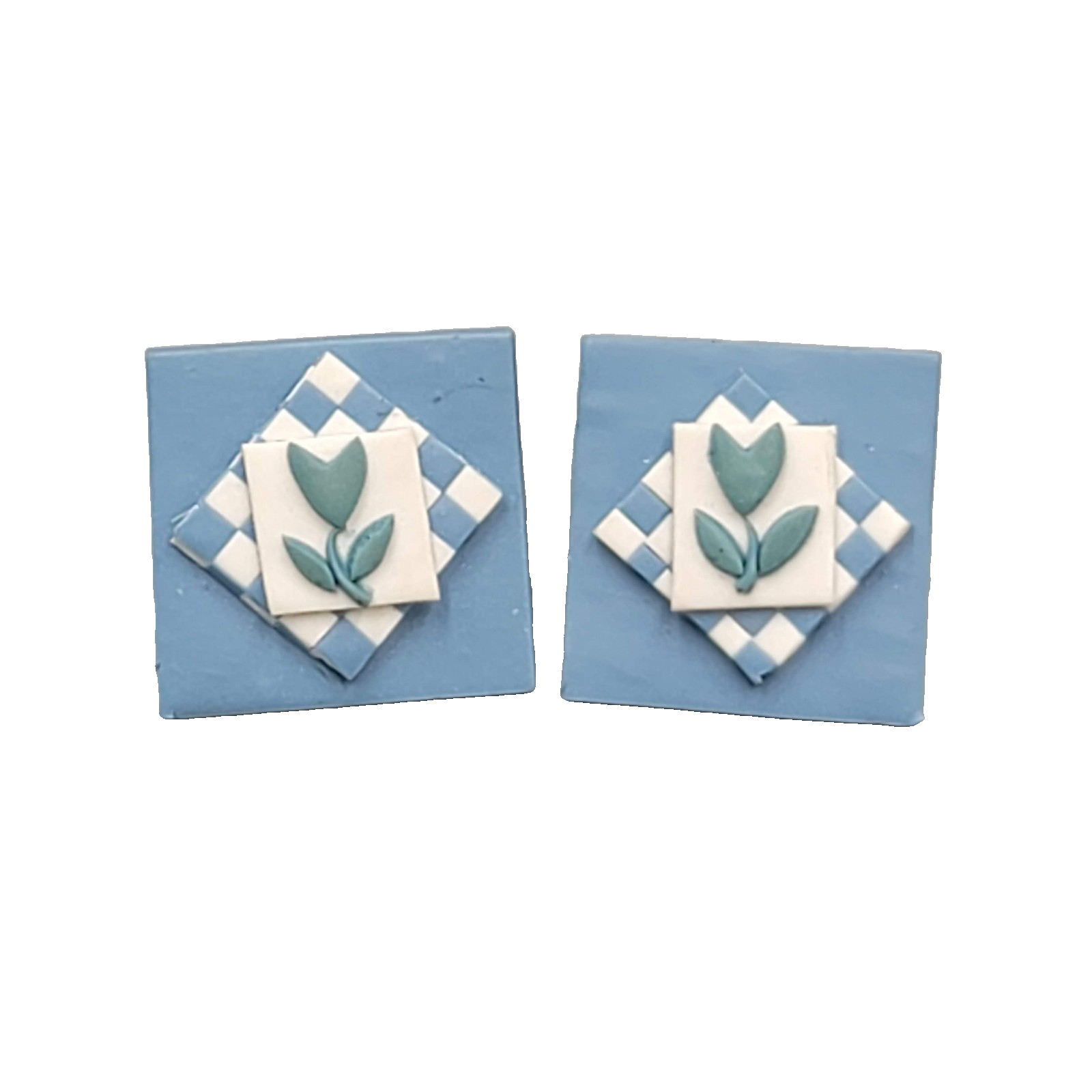 Vintage Blue Tulip Flower Pierced Earrings Square Drop 3/4"