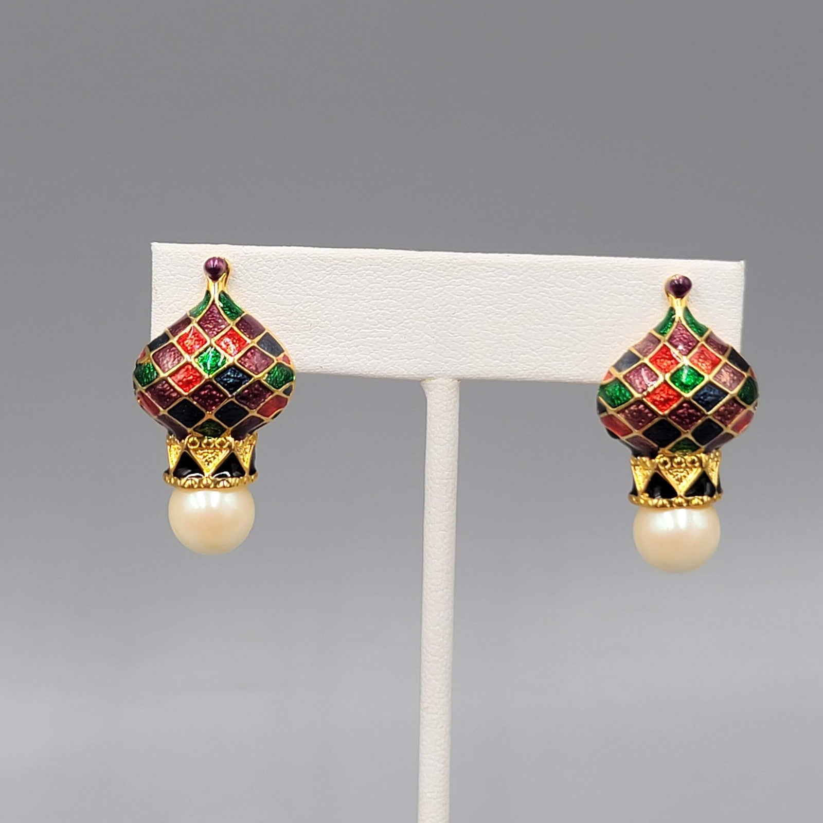 Joan Rivers Russian Cathedral Clip on Earrings Gold Plated Drop Enamel 1.25 in