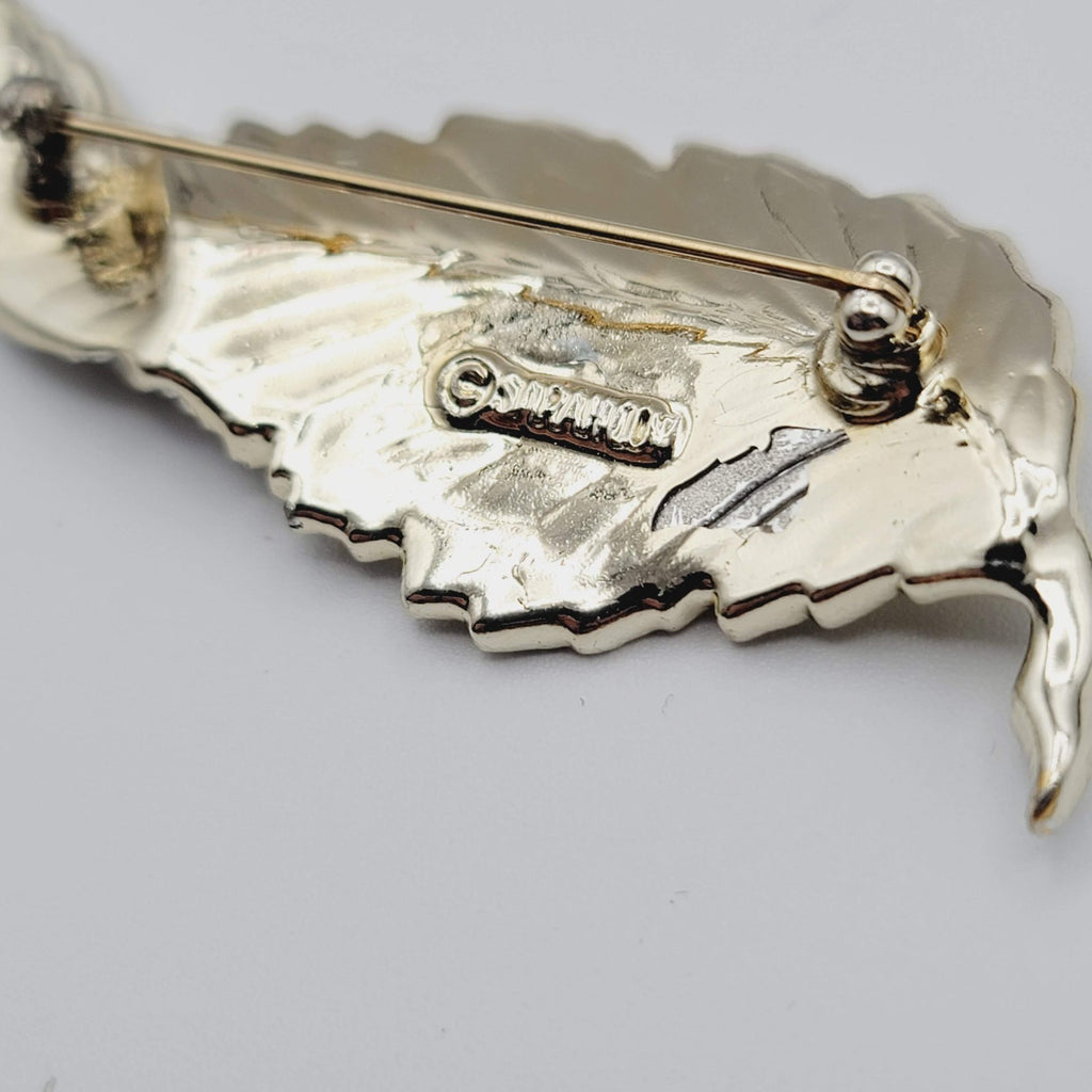 Vintage Sarah Cov Feather Rhinestone Brooch Light Gold tone 3 in
