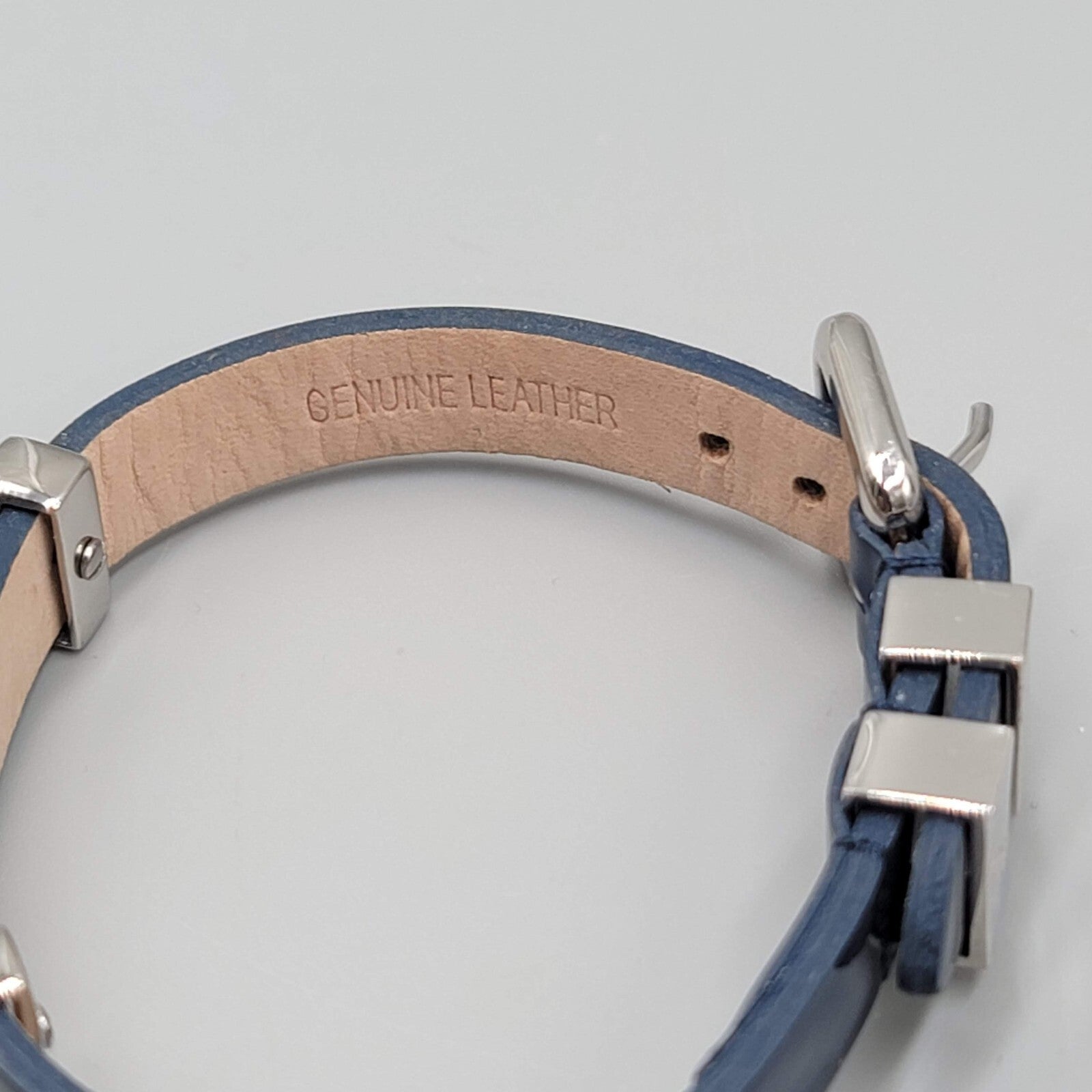 ANN ID Name Rustic Cuff Bracelet Silver Tone Navy Blue Leather RC Buckle Adj