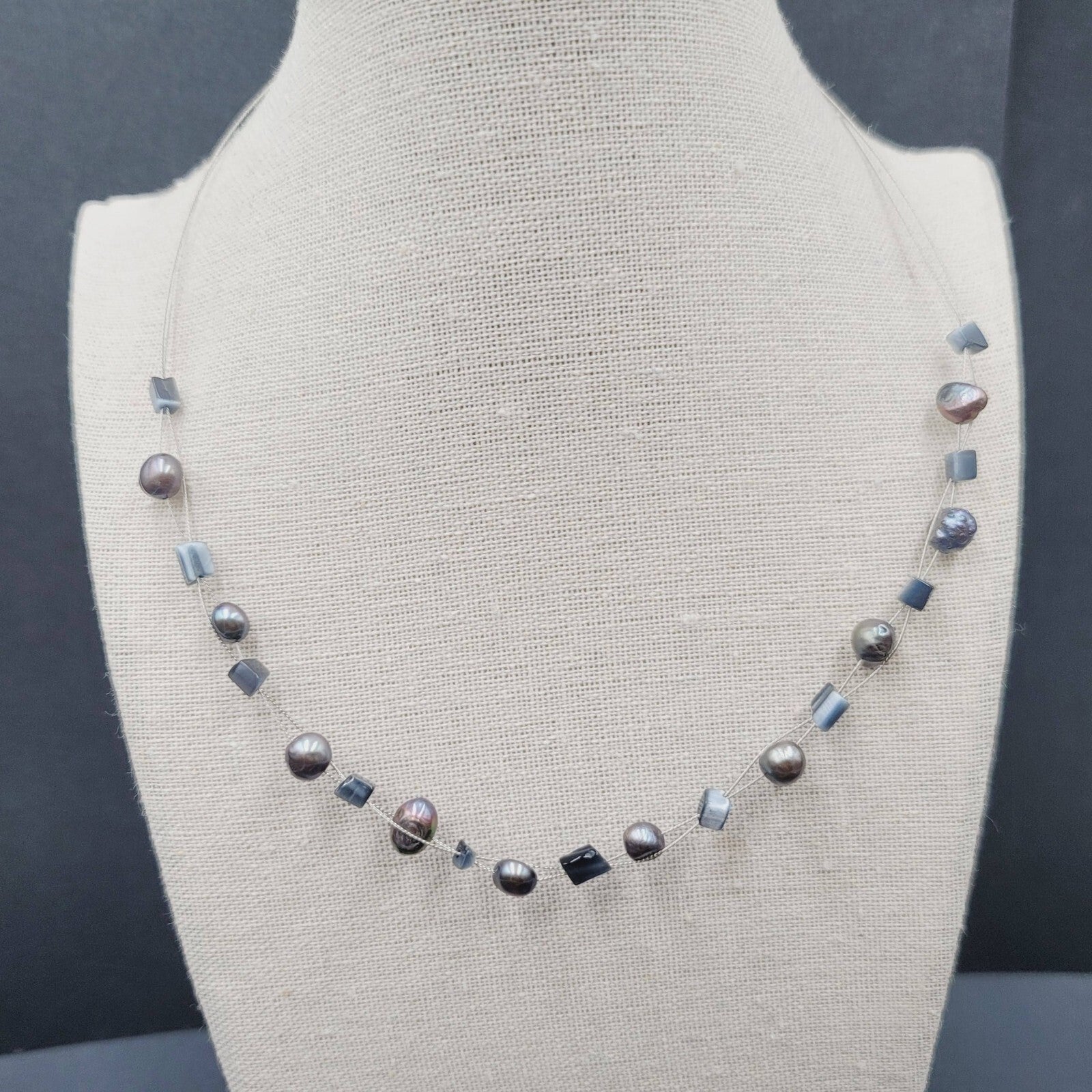 Multi Strand Pearl Station Floating Beads Necklace 18"