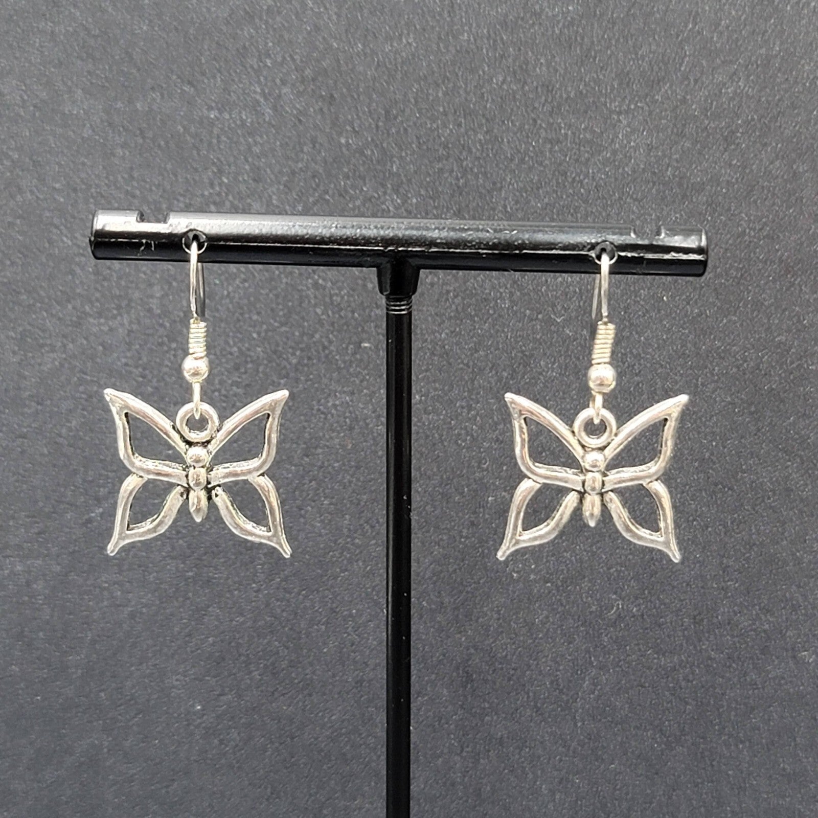 Pierced Earrings Silver tone Butterfly Dangle 5/8"