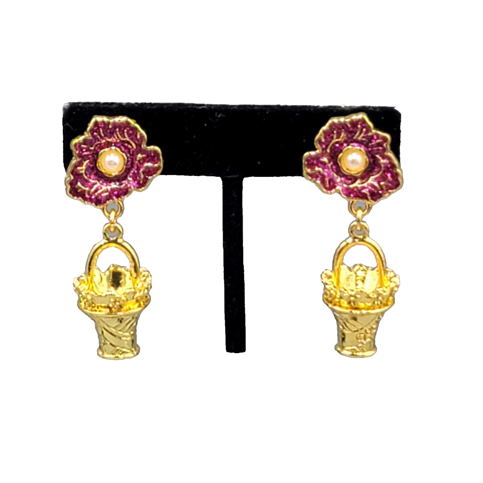 Vintage Pink Enamel Flower Clip on Earrings Gold tone Dangle Basket 1.75"