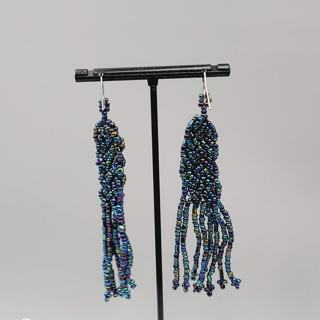 Pierced Earrings AB Black Seed Bead Long Dangle 3"