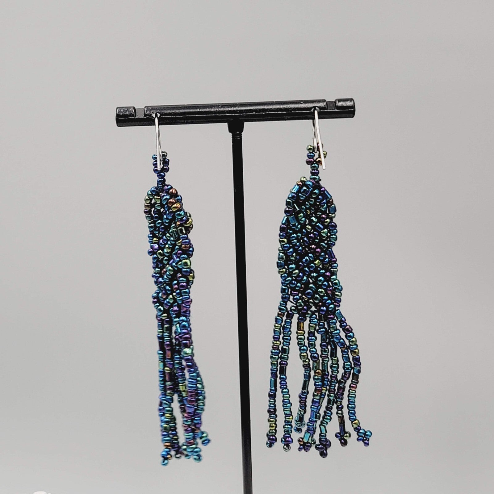 Pierced Earrings AB Black Seed Bead Long Dangle 3"