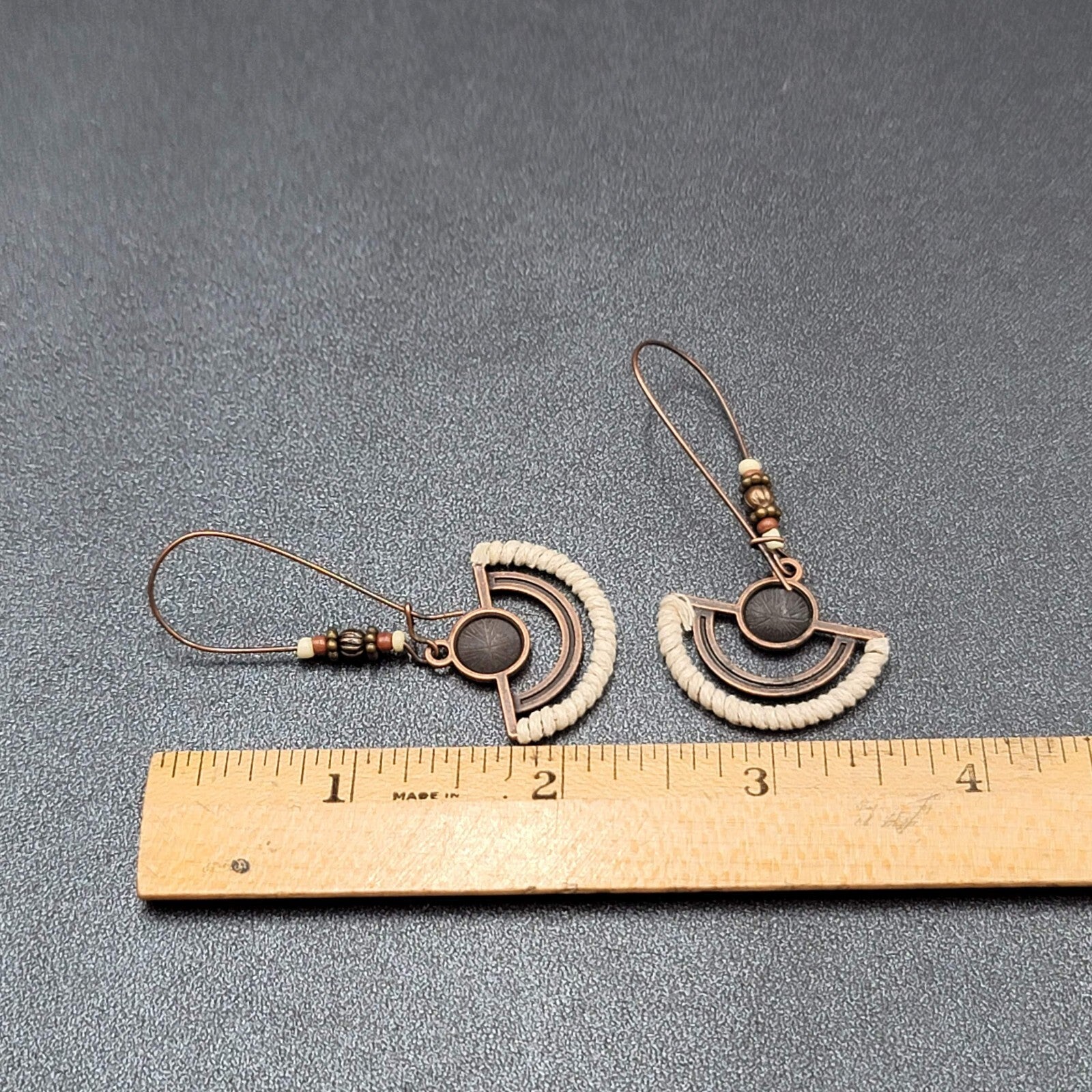 New Boho Pierced Earrings Copper tone Beaded White Dangle Large Hook 2.25"
