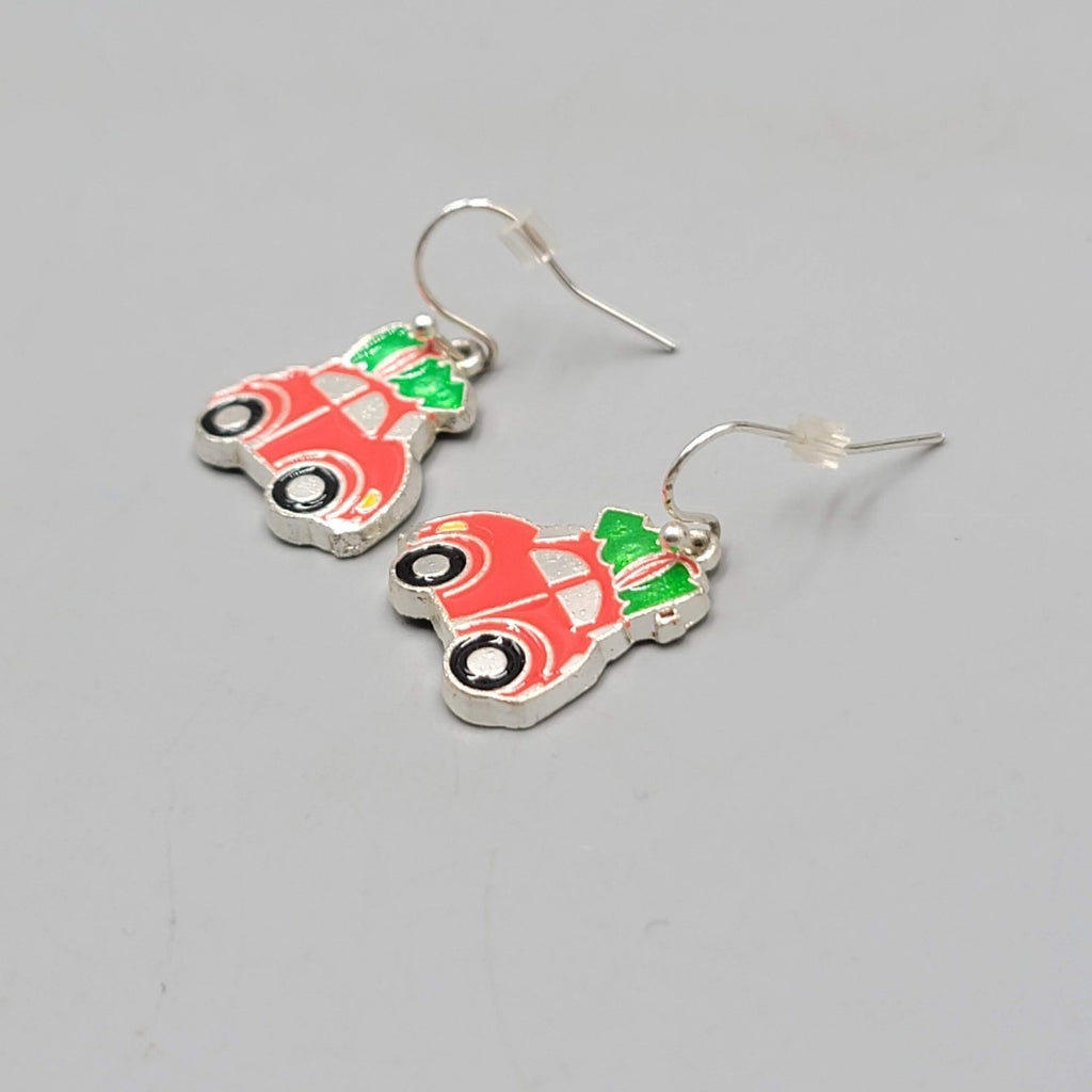 Christmas Tree Red Car Enamel Pierced Earrings Silver tone Dangle  3/4"