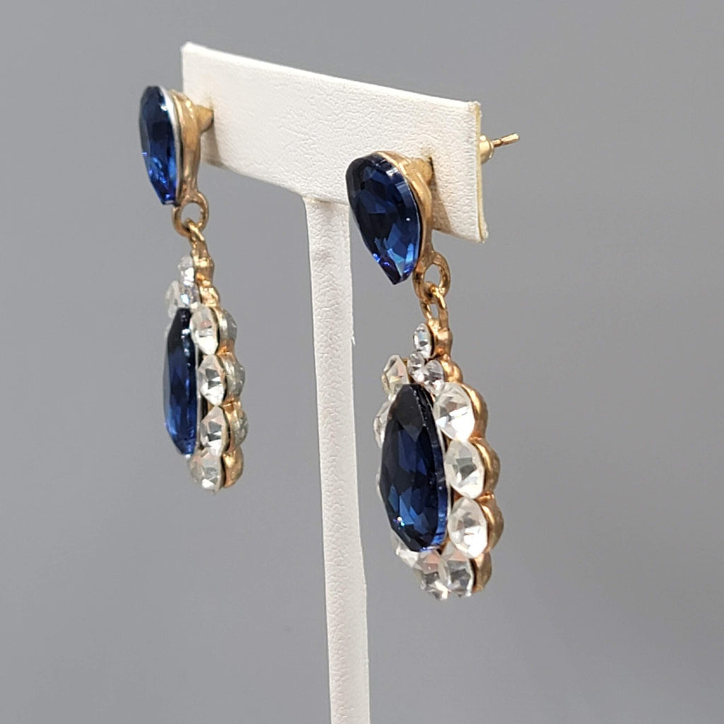 Blue Teardrop Glass Pierced Earrings Gold tone Dangle 2"