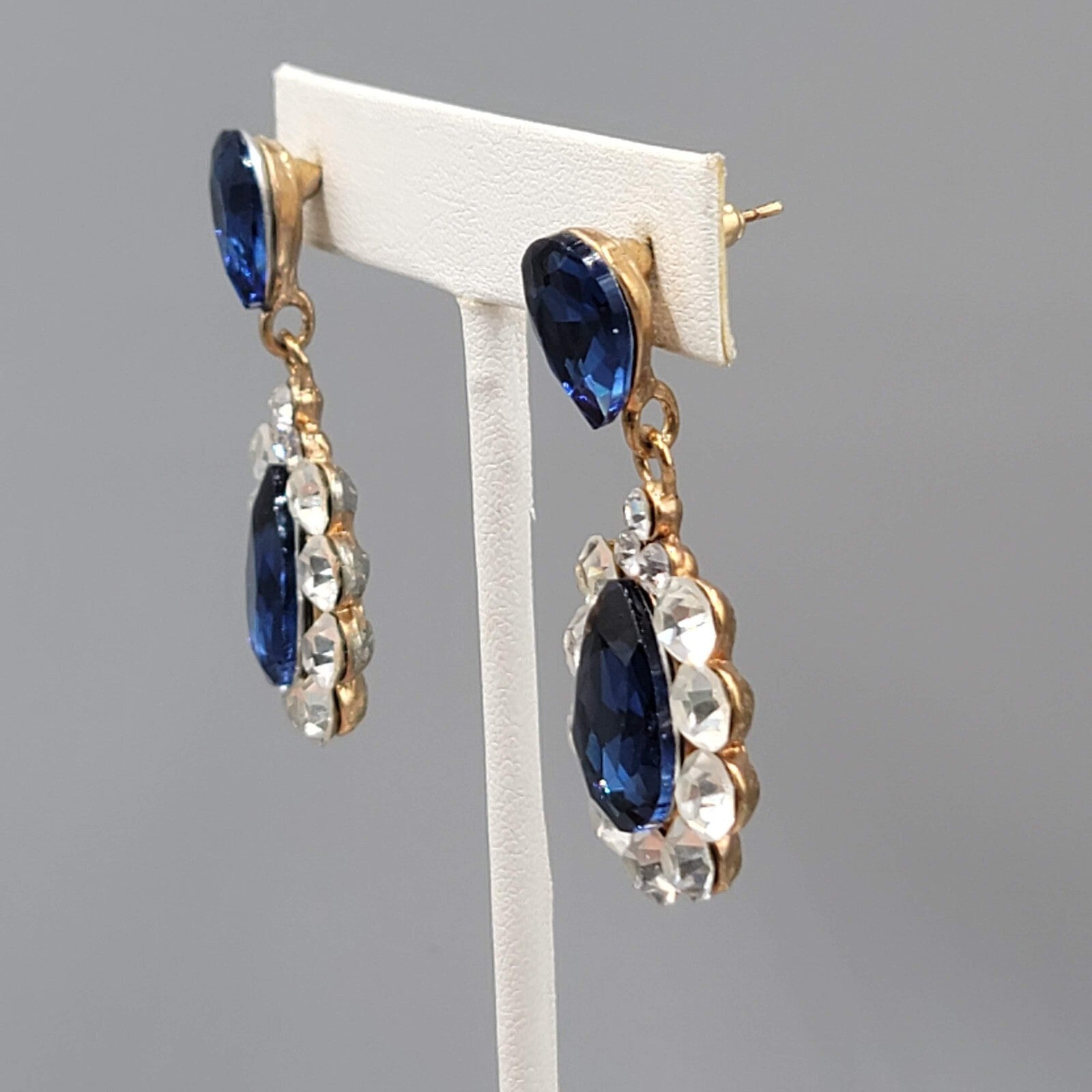 Blue Teardrop Glass Pierced Earrings Gold tone Dangle 2"