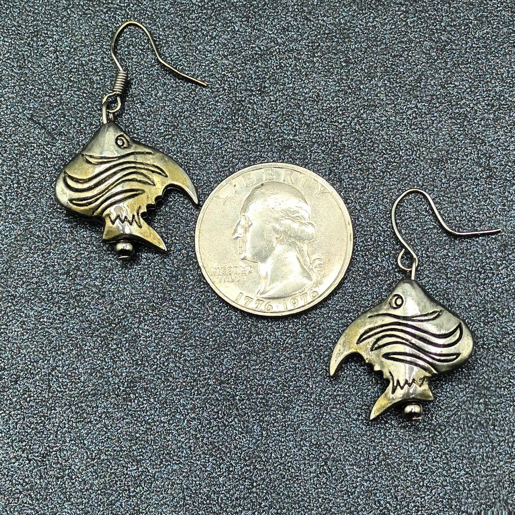 Vintage Pierced Earrings Silver tone Angel Fish Bead Statement Dangle 7/8"