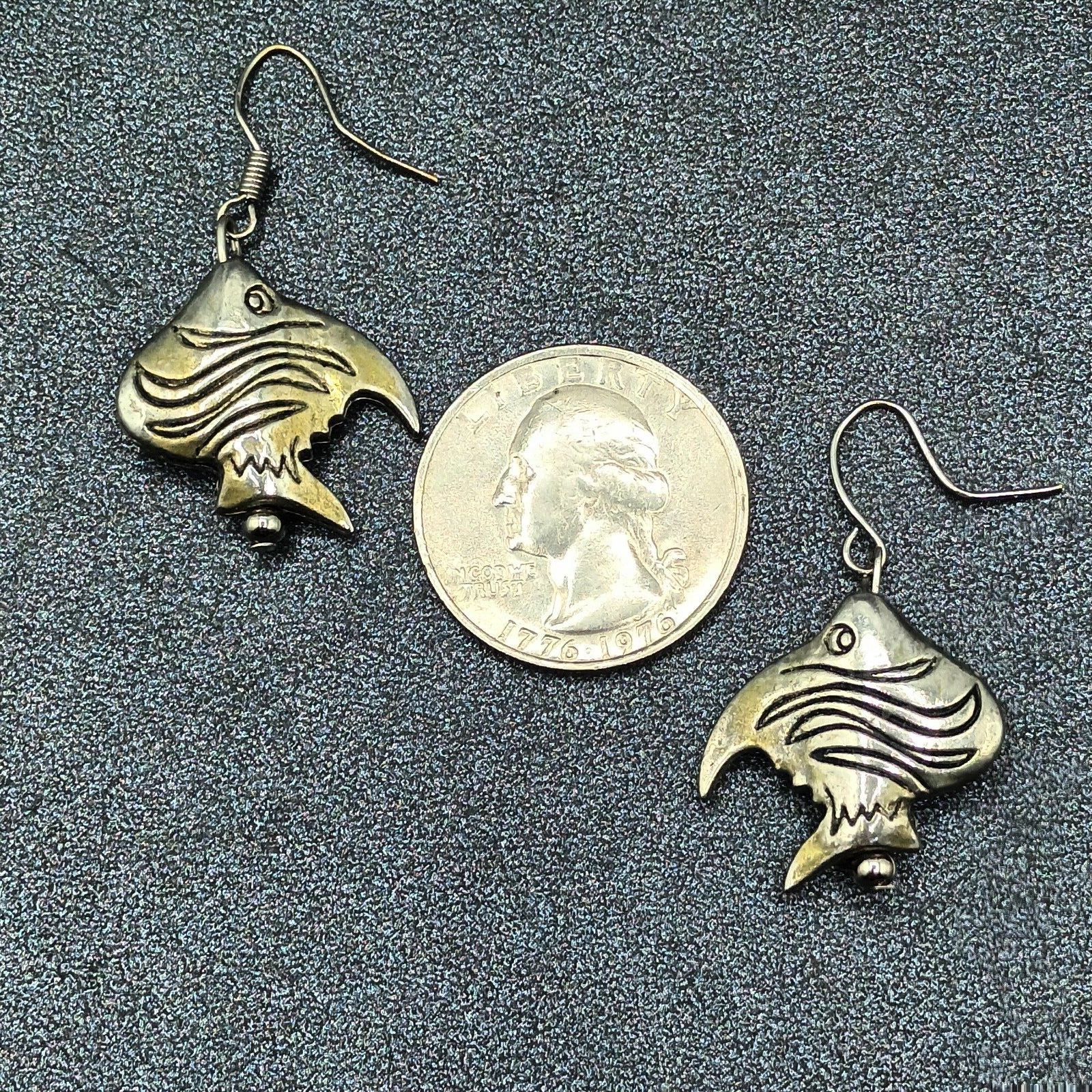 Vintage Pierced Earrings Silver tone Angel Fish Bead Statement Dangle 7/8"