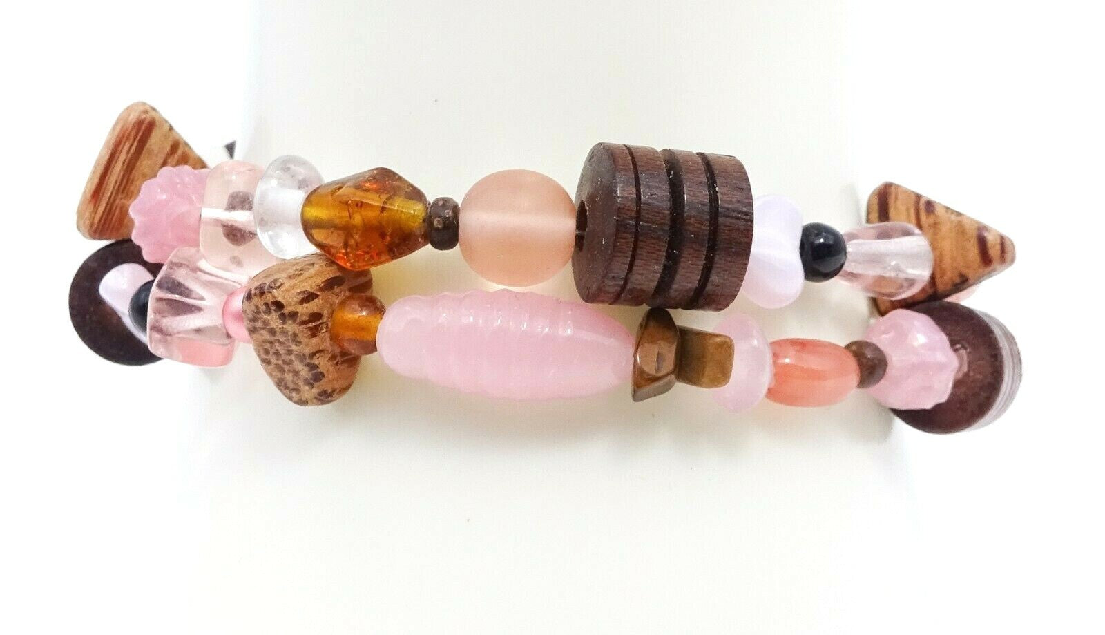 Pink Art Glass Seed Wood Beaded Double Strand Toggle Clasp Bracelet 7 1/2"