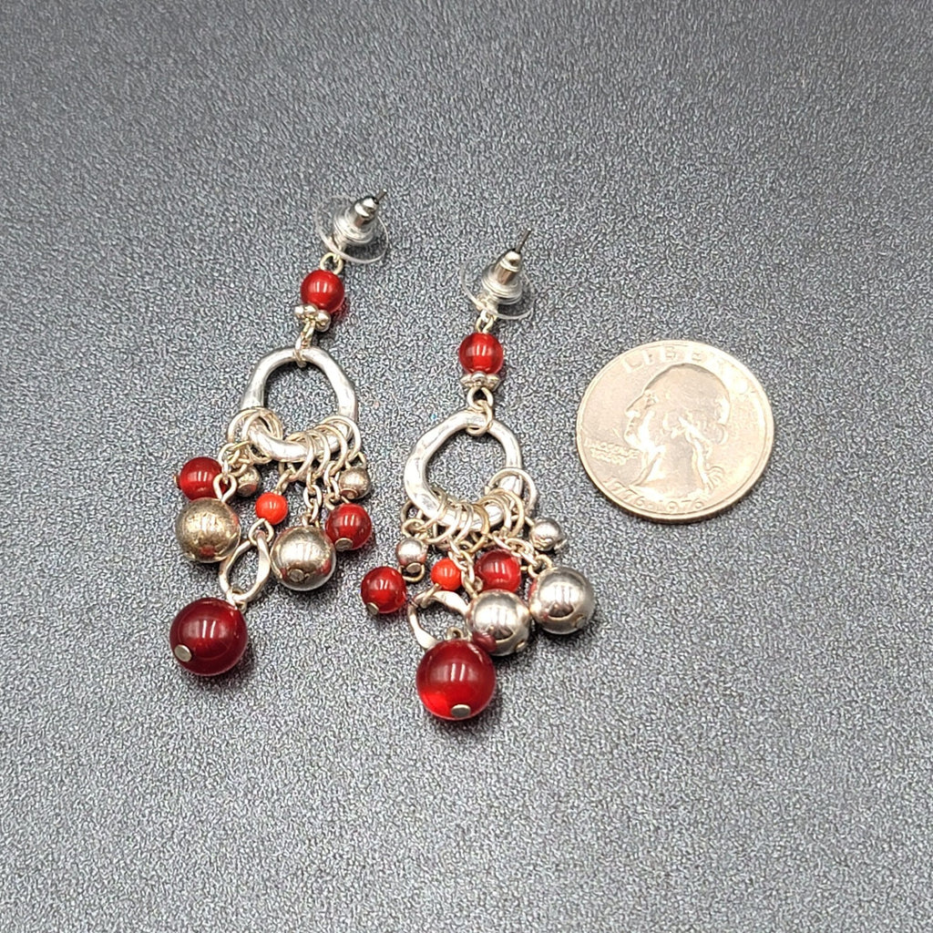 Pierced Earrings Silver tone Moonglow Red Beads Dangle 2.5"