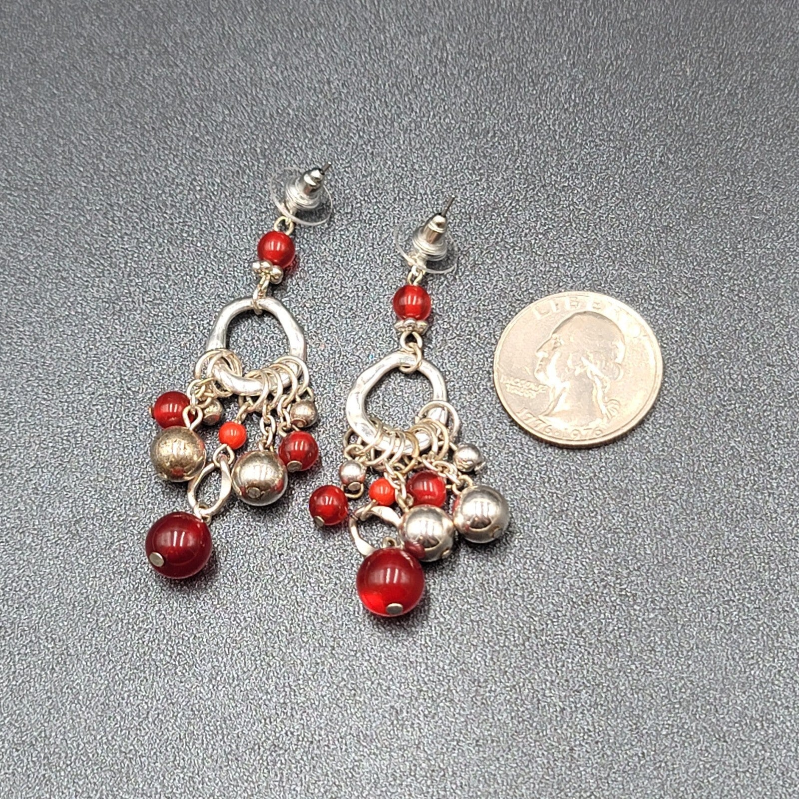 Pierced Earrings Silver tone Moonglow Red Beads Dangle 2.5"