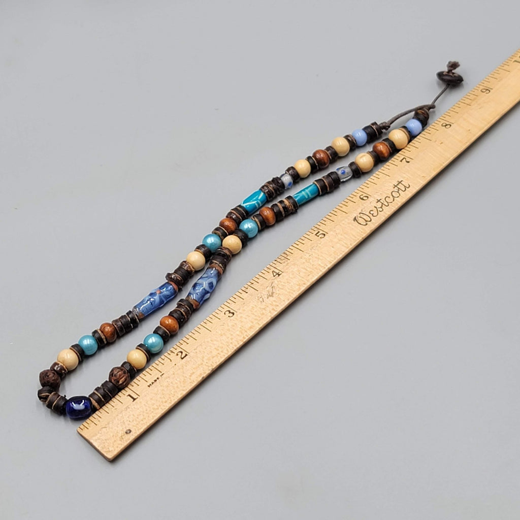 Artisan Beaded Necklace Wood Coconut Art Glass Blue Brown Beige Button Close 17"