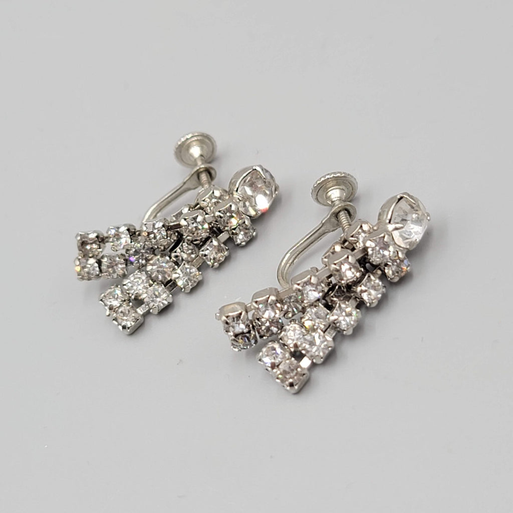 Vintage Rhinestone Clip on Earrings Silver tone Wrapped Dangle Screw Back 1 1/8"