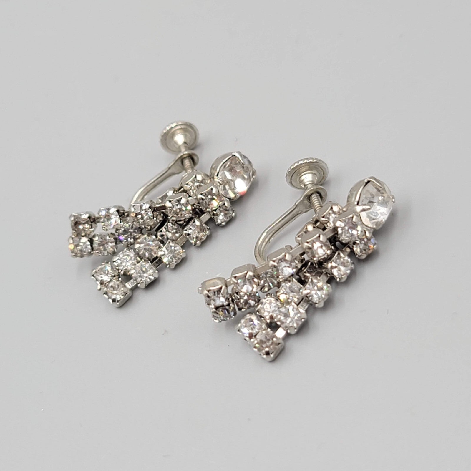 Vintage Rhinestone Clip on Earrings Silver tone Wrapped Dangle Screw Back 1 1/8"