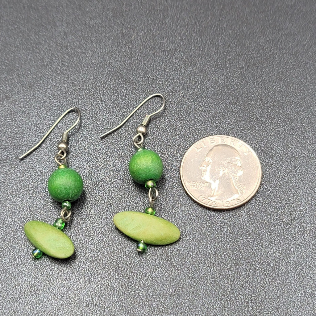Pierced Earrings Silver tone Green Wood Bead Dangle 1.5"