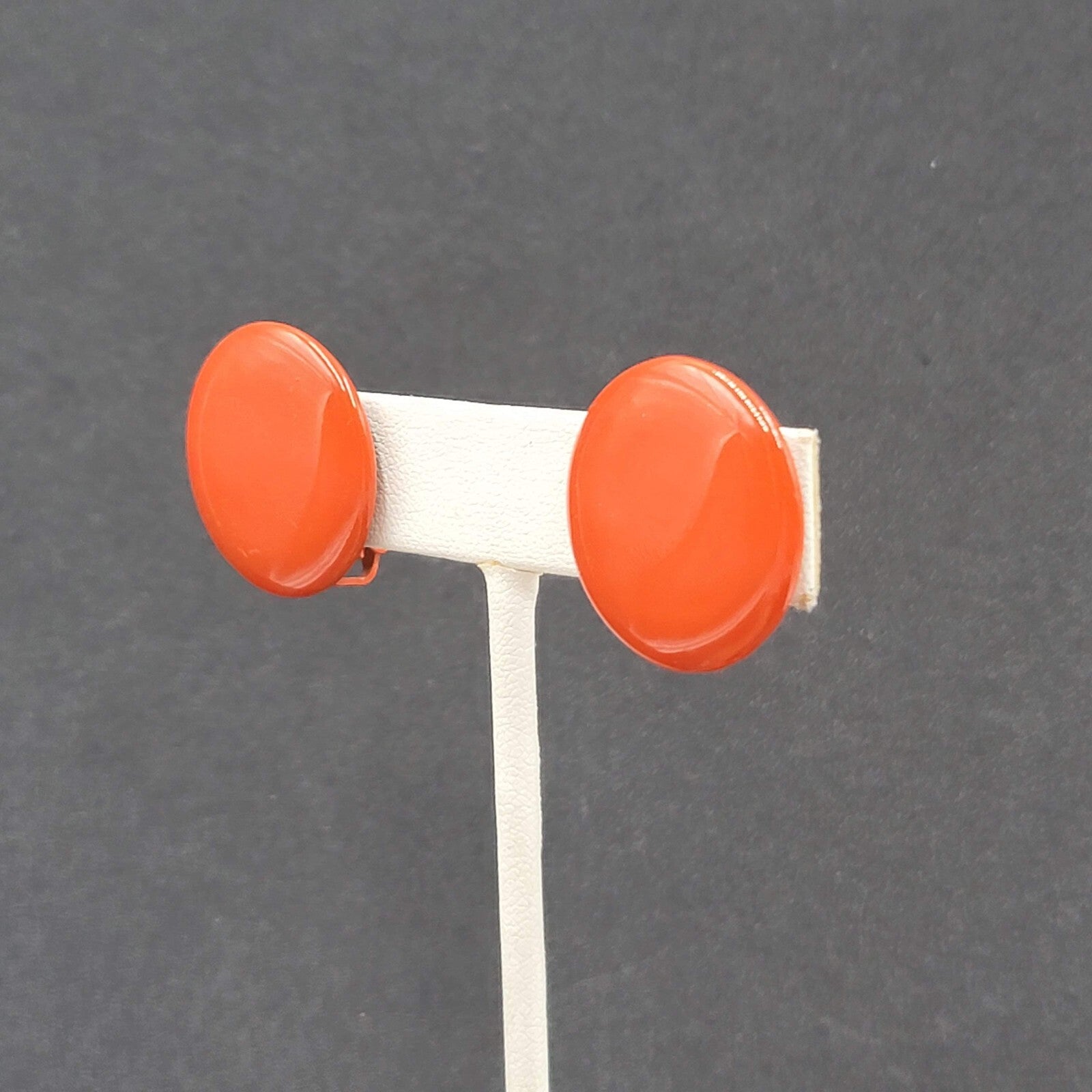 Vintage Clip on Earrings Dark Orange Red Enamel Circle Button Studs 1"