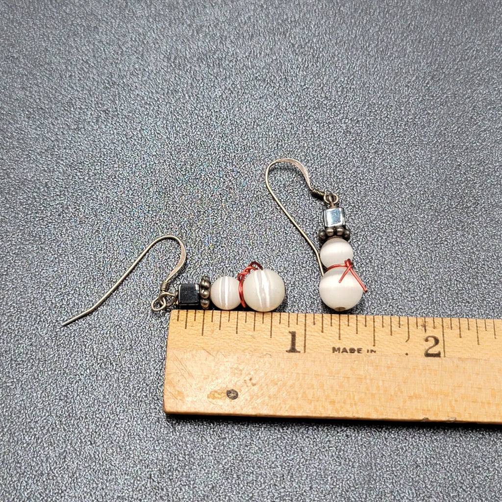 Snowman Pierced Earrings White Cats Eye Beads Hematite Hat Dangle 7/8"