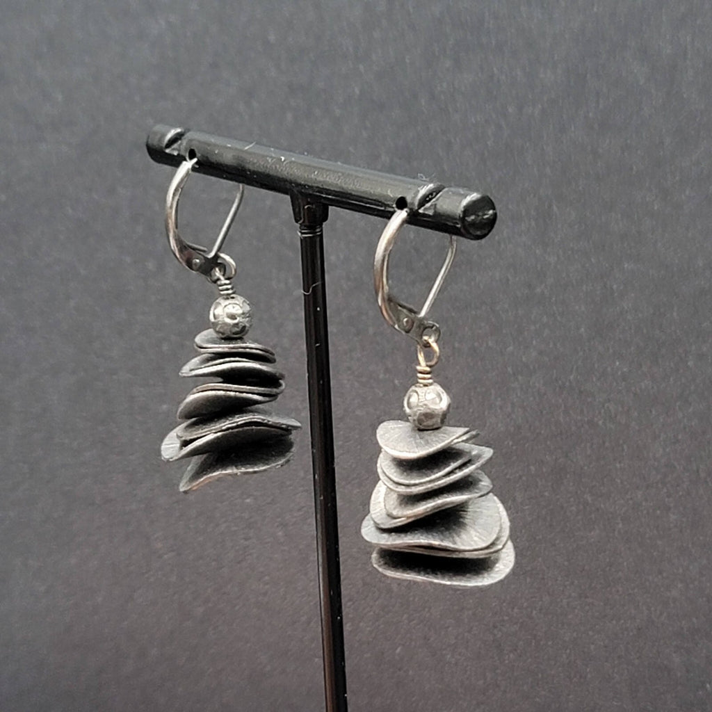 Pierced Earrings Black Metal Layered Wavy Discs Dangle 1 1/8"