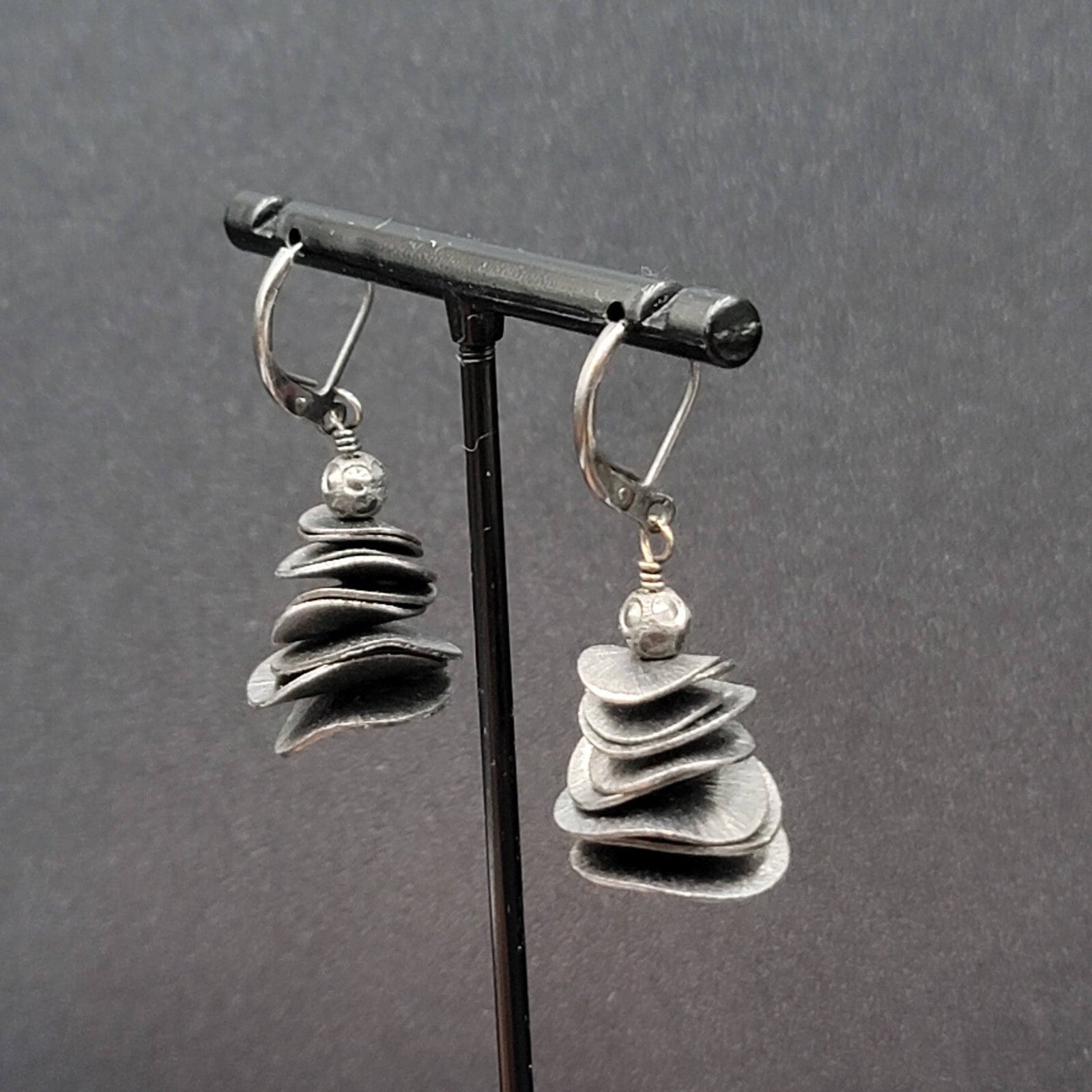 Pierced Earrings Black Metal Layered Wavy Discs Dangle 1 1/8"