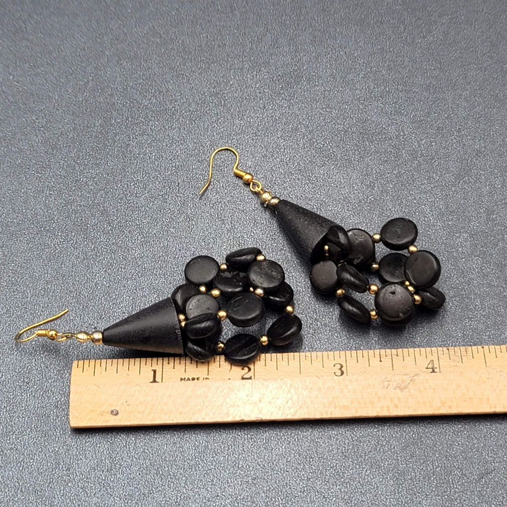 Vintage Pierced Earrings Black Coconut Beaded Statement 2.5"