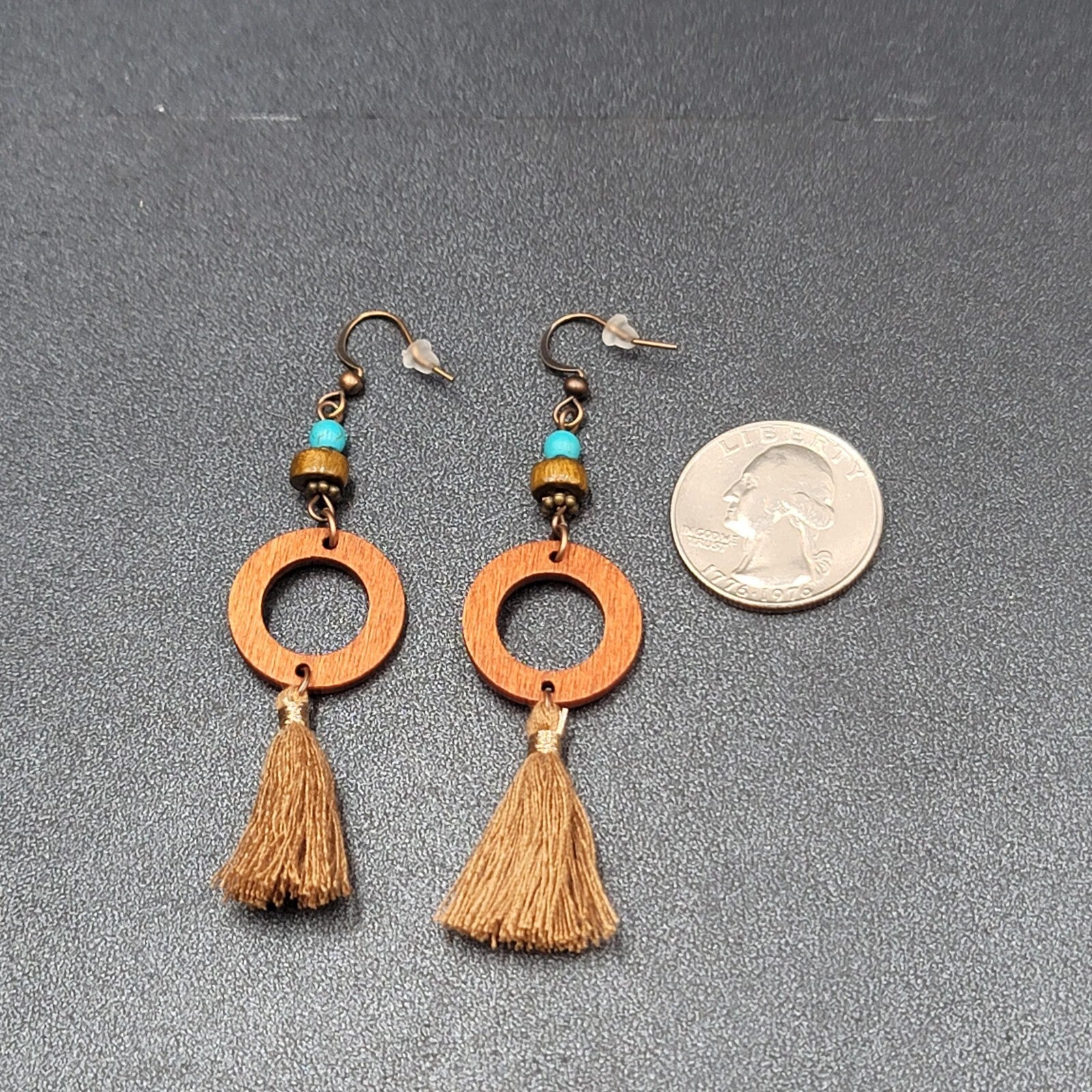 New Boho Pierced Earrings Wood Ring Beaded Gold String Tassel 2.5"