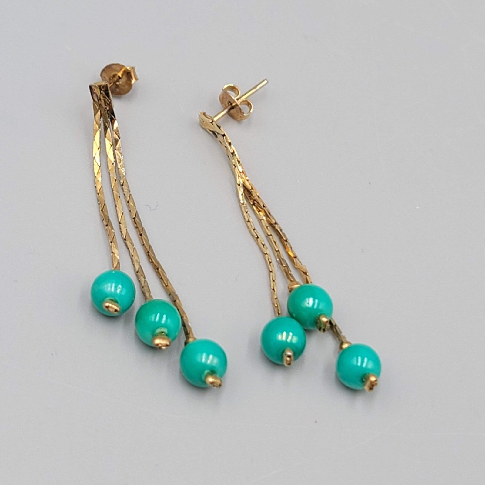 Vintage Dangle Chains Pierced Earrings Teal Bead 2"