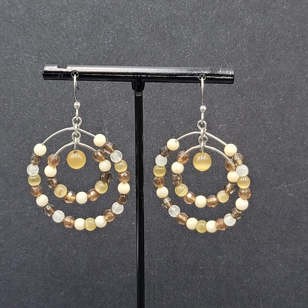 Pierced Earrings Silver tone Brown Beaded Double Hoops 1.5"