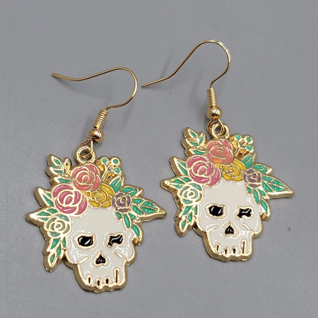 Pierced Earrings Gold tone Enamel Red Rose Moth Dangle 1 1/8"