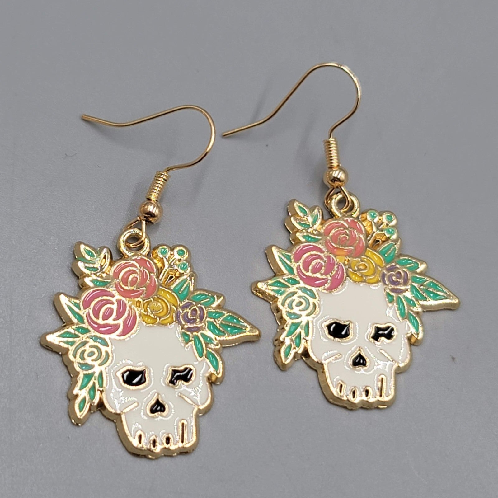 Pierced Earrings Gold tone Enamel Red Rose Moth Dangle 1 1/8"