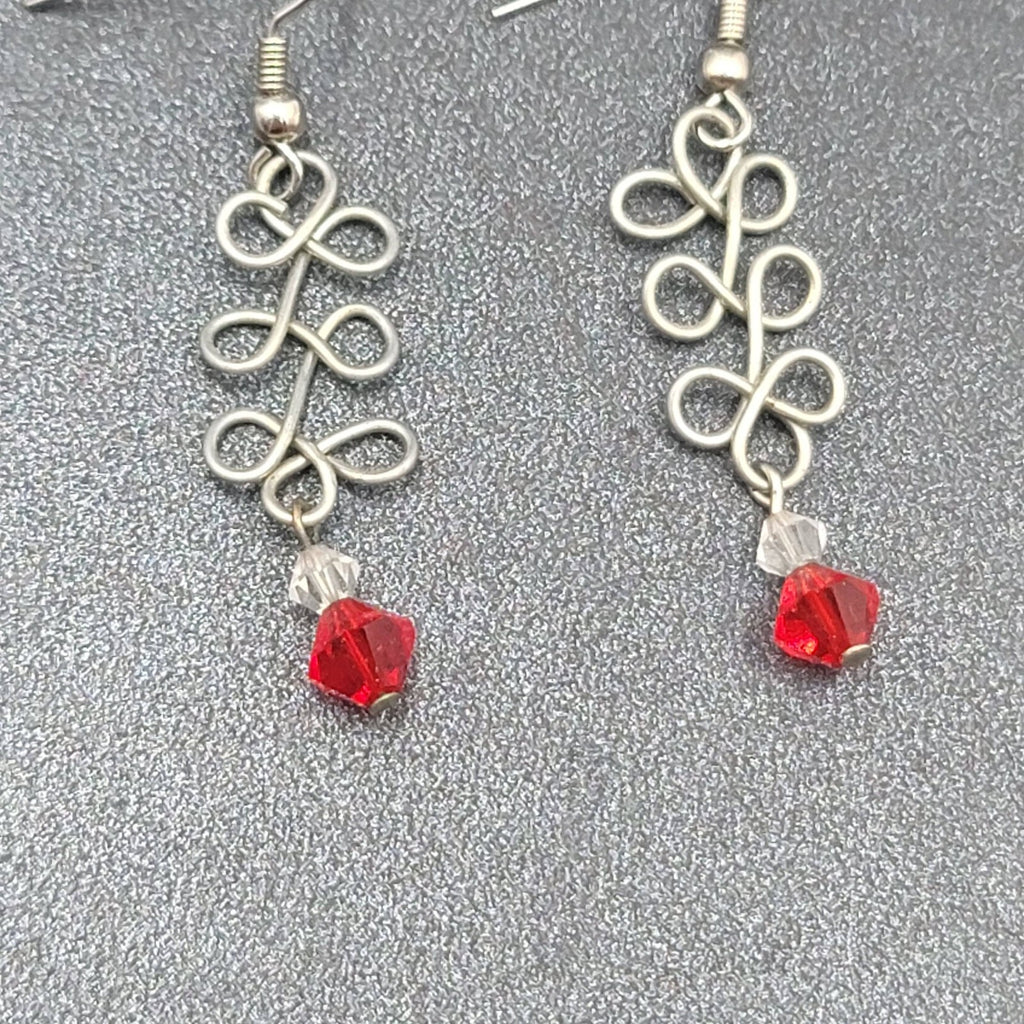 Pierced Earrings Silver tone Wire Red Crystal Bead 1.25"