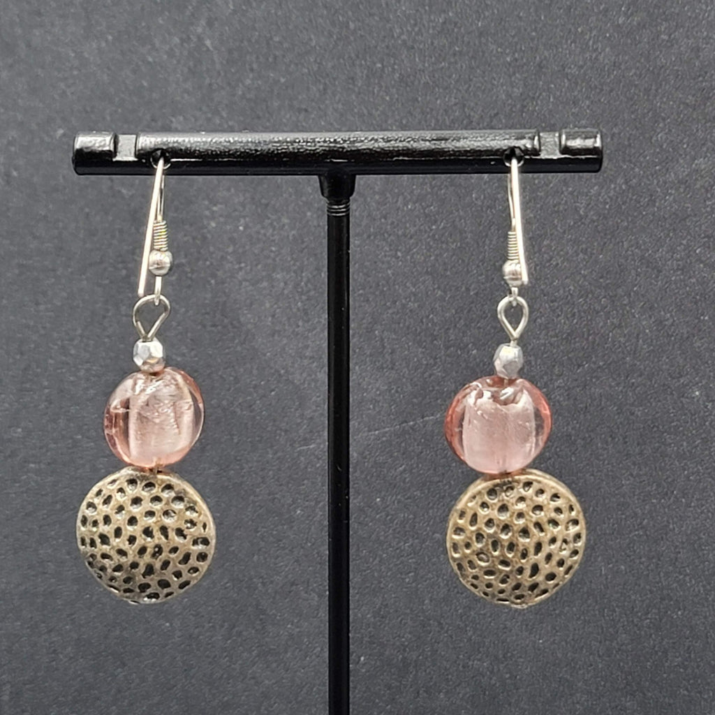 Pierced Earrings Silver tone Pink Glass Beaded Dangle 1.5"