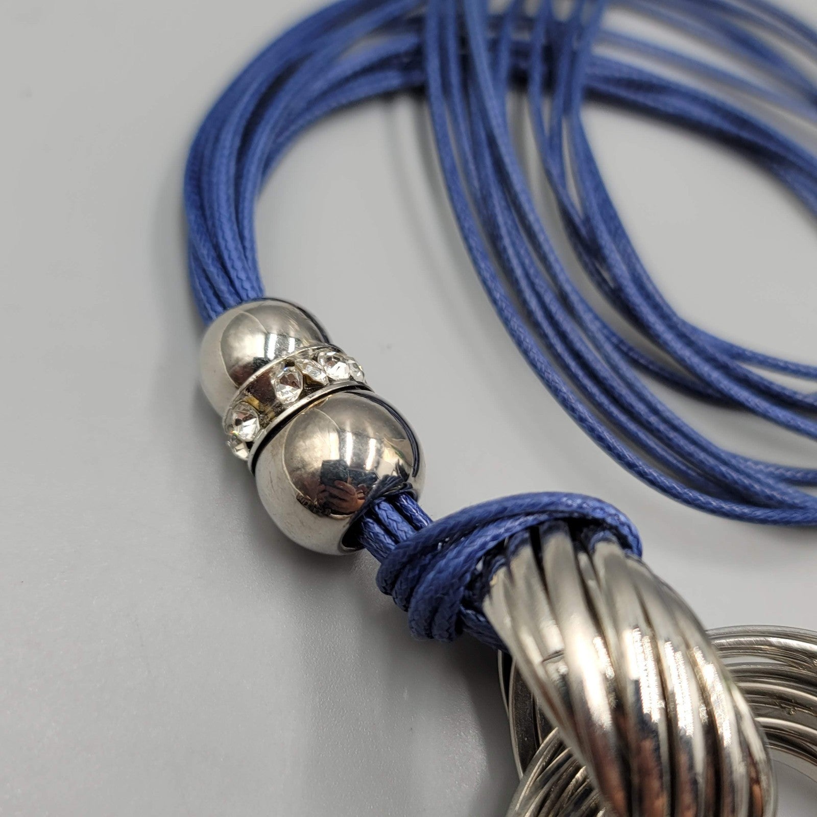 Long Necklace Blue Cord Silver tone Rhinestones 28"