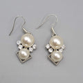 Pierced Earrings Silver tone Faux Pearl White Bead Rhinestone Dangle 7/8"