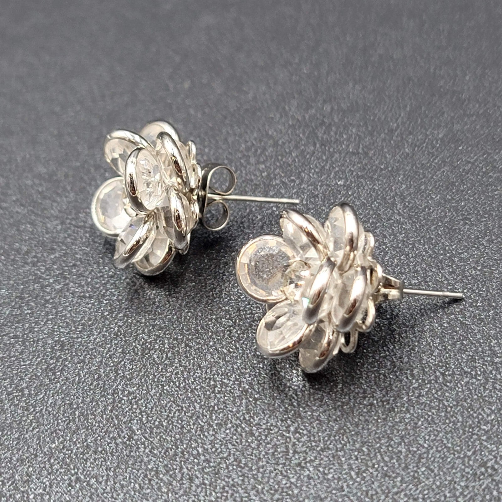 Flower Pierced Earrings Silver tone Clear Faceted Glass Studs 5/8"