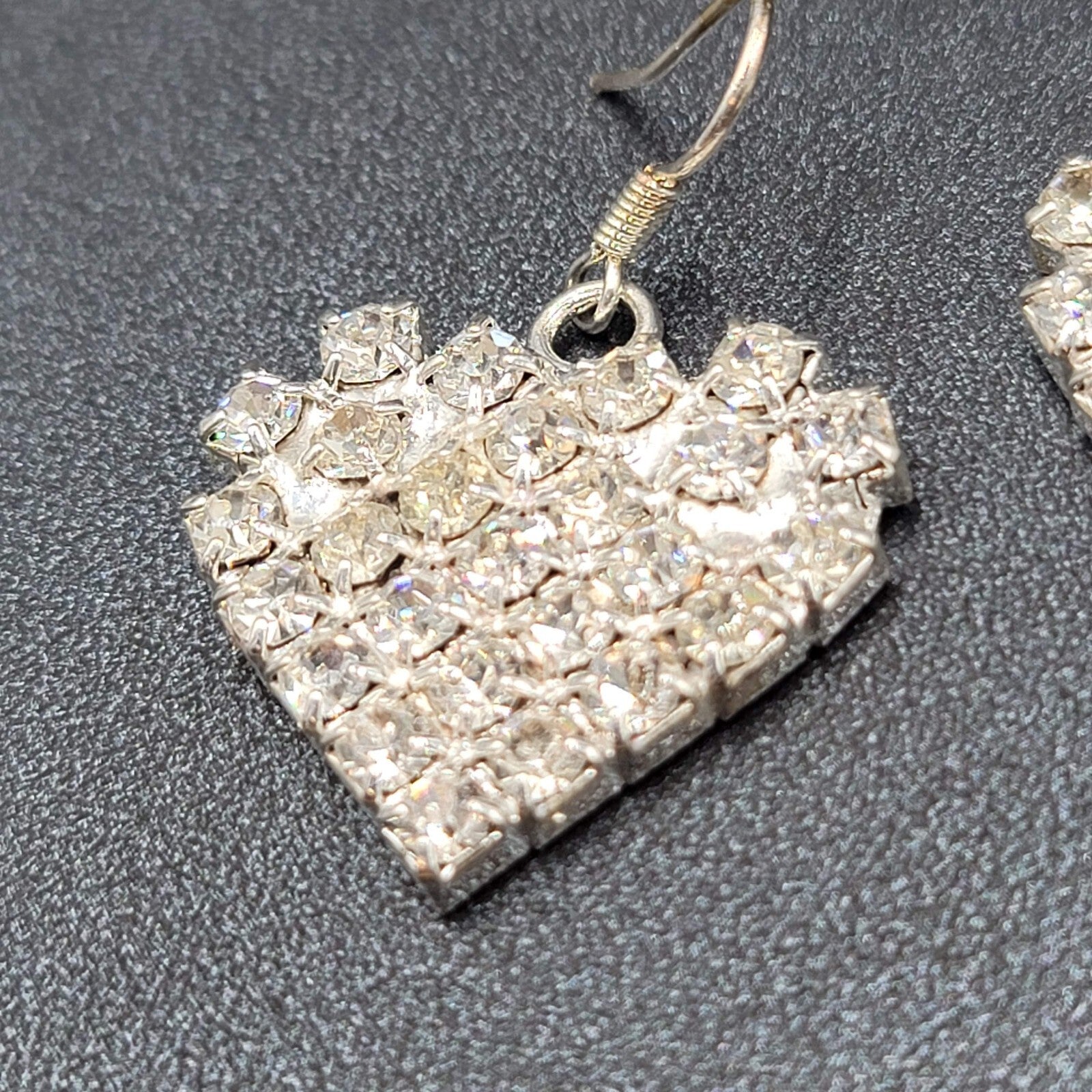 Vintage Pierced Earrings Silver tone Rhinestone Studded Dangle Heart 1"