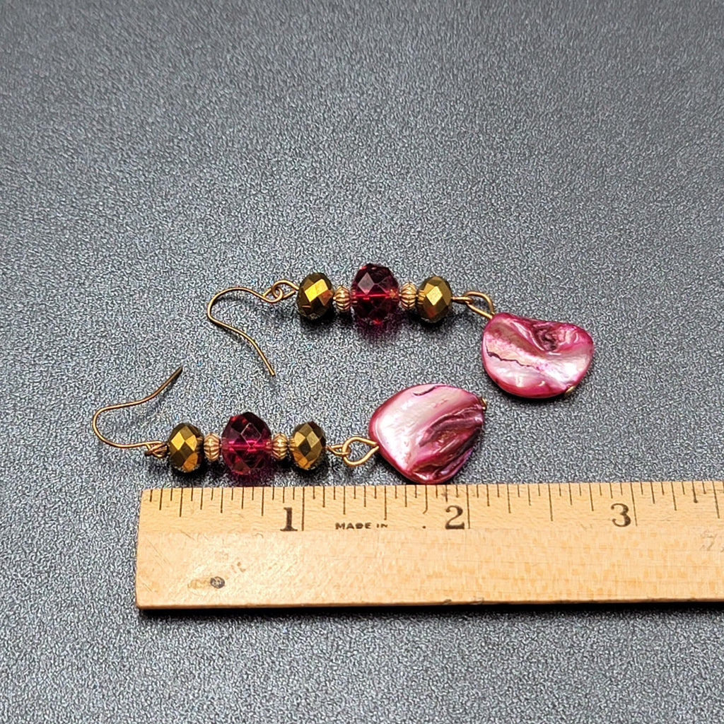 Pierced Earrings Gold tone Pink Beads Dyed Shell Dangle 2 1/8"