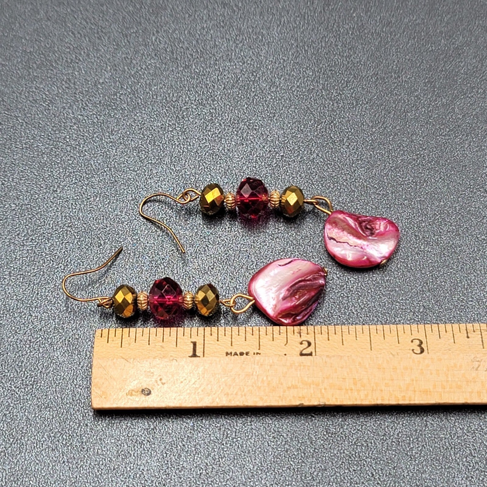 Pierced Earrings Gold tone Pink Beads Dyed Shell Dangle 2 1/8"