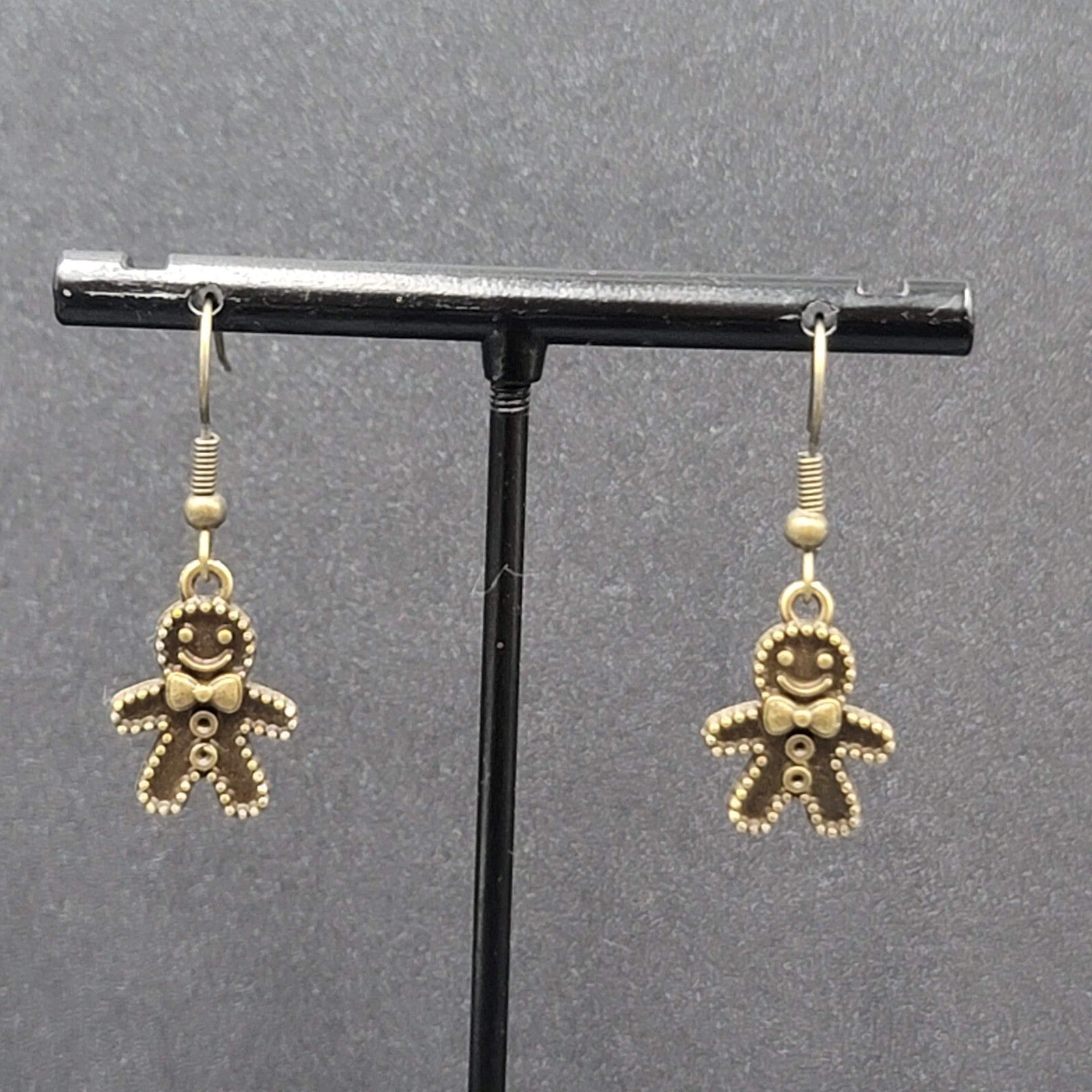 New Gingerbread Man Pierced Earrings Bronze tone Embossed Dangle 3/4" FS