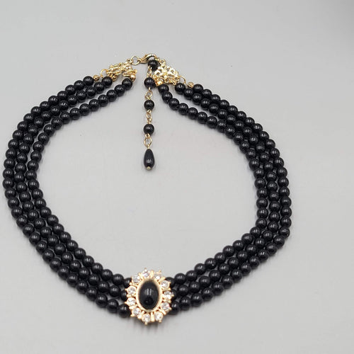 Black Bead Necklace Retro Style Triple Strand Collar Gold tone 16"-18"