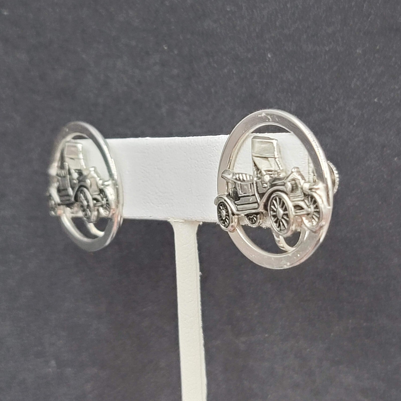 Vintage Clip on Earrings Silver tone Antique Car 3D Circle Screw Back 1"
