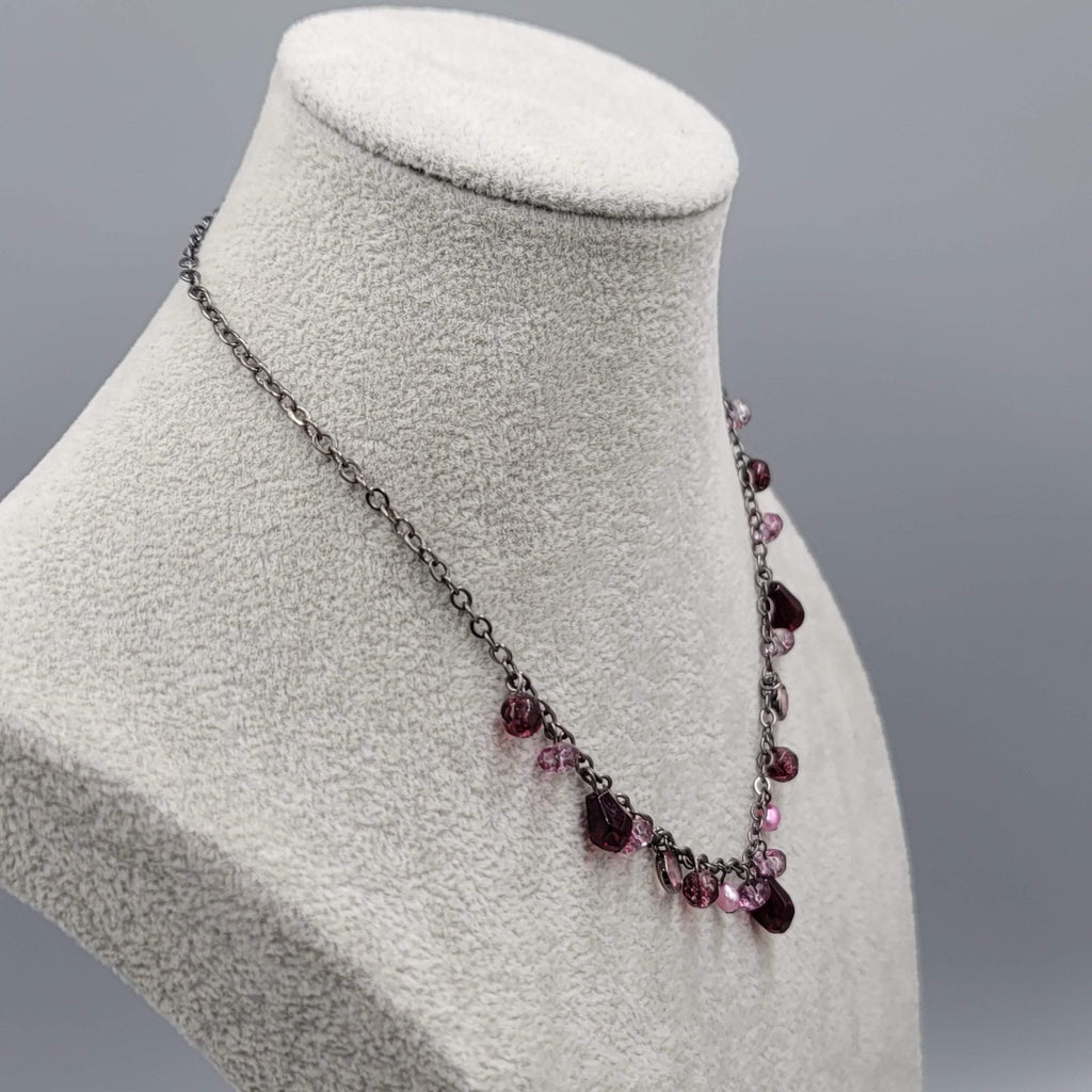 Purple Pink Bead Necklace Black Chain 16 in