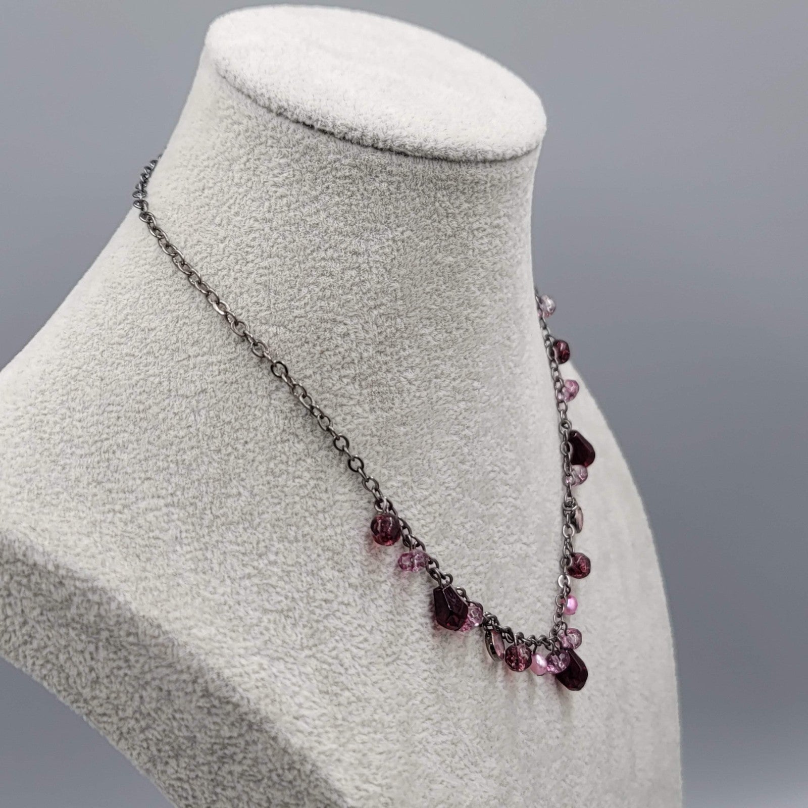 Purple Pink Bead Necklace Black Chain 16 in